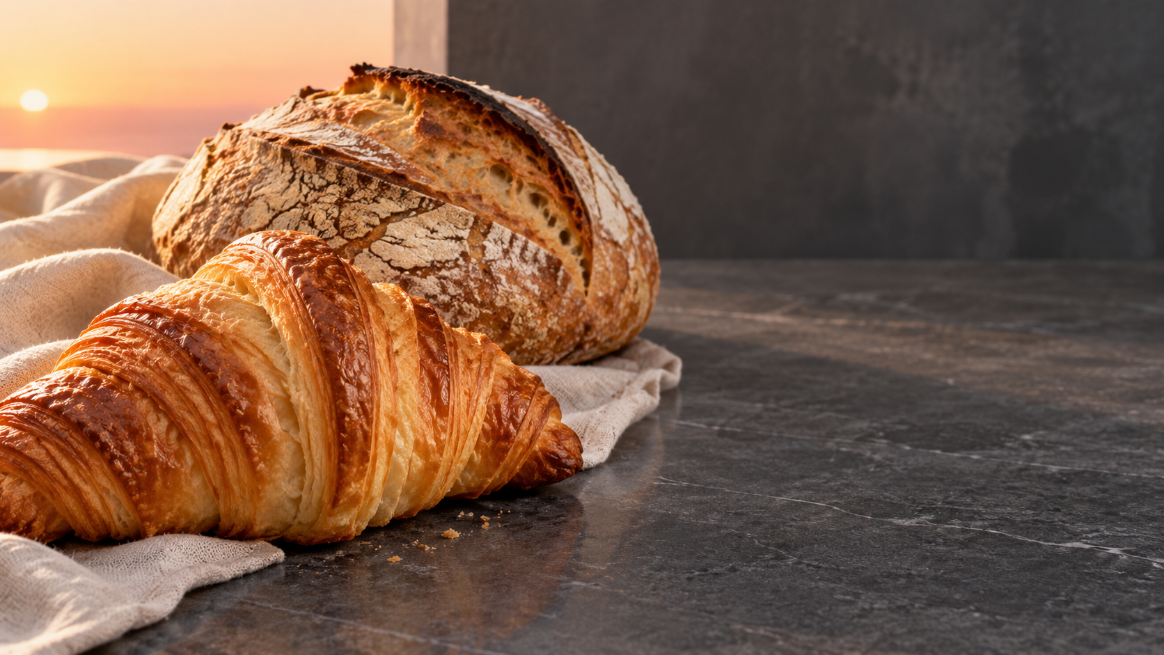 Croissant e pão artesanal em luz de amanhecer